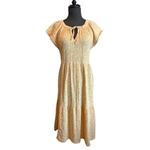 Wonderly Womens Yellow Floral Cotton Gauze Tiered Midi Dress Flutter Sleeve M